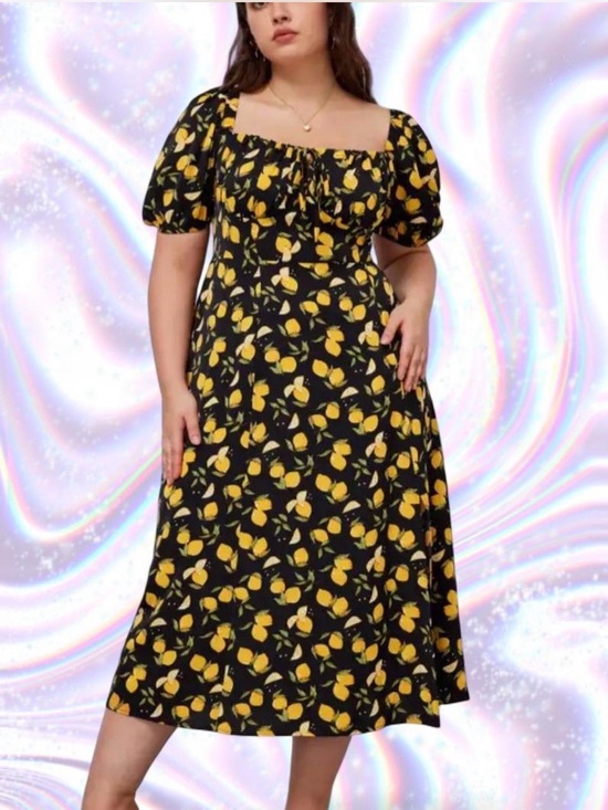 Cider Dresses & Skirts - Cider Black Midi Dress with Yellow Lemon Motif